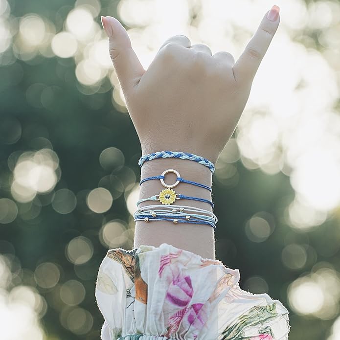 FANCY SHINY Sunflower String Bracelet Boho Braided Rope Wrap Bracelets Cute Summer Beach Surfer Jewelry for Women Christmas Gifts