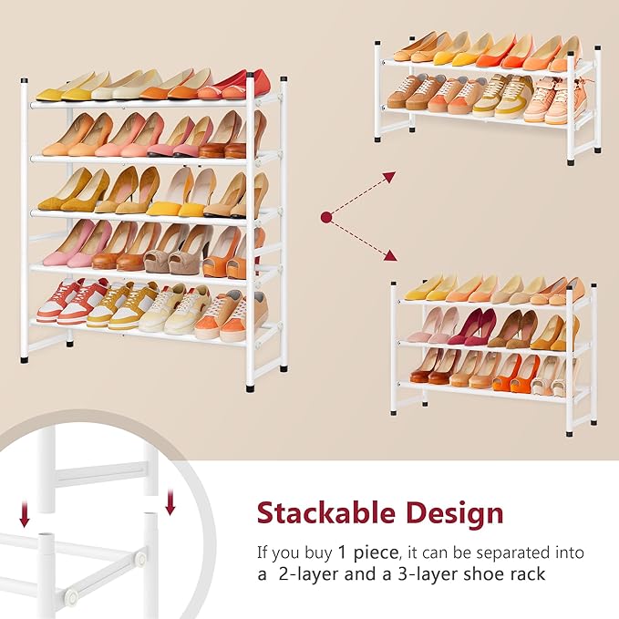 Tajsoon Expandable Shoe Rack for Closet 5 Tier, 29“-41“Adjustable & Stackable