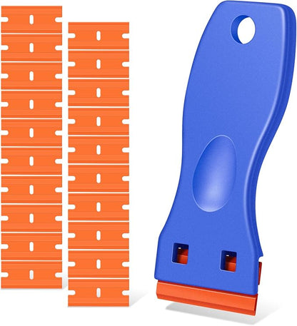 Plastic Razor Blade Scraper, Scraper Tool with 20 PCS Plastic Razor Blades for Removing Labels Adhesive Decals Sticker from Windows Glass (Blue)