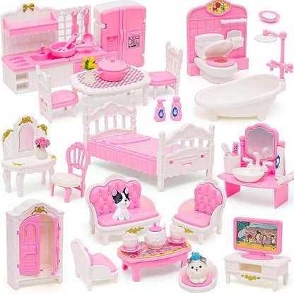 45 Pcs Dollhouse Furniture Set Accessories Doll House Mini Furniture Pretend Play Bedroom Living Room Bathroom Kitchen for Kids Birthday and Christmas Pink
