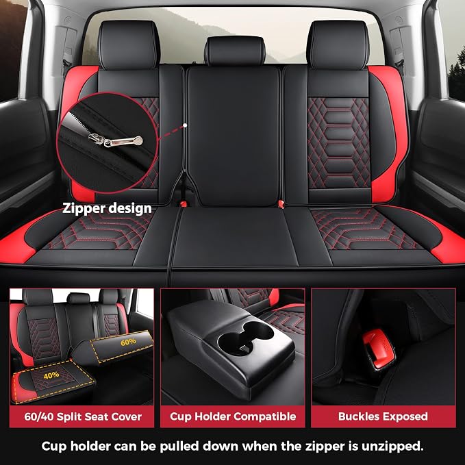 FREESOO Tundra Seat Covers 2007-2013, Fit for Toyota Tundra Crewmax Cab 5 Seats, Custom Truck Seat Covers with Waterproof Faux Leather BlackRed