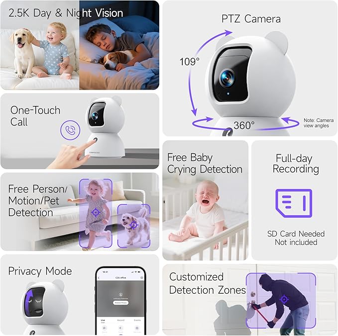 2.5K Indoor Camera 2pack, Non-Subscription AI Person/Pet/Cry Detection