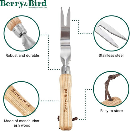 Berry&Bird Hand Weeder Tool, Stainless Steel Gardening Weed Puller, 12.1" Manual Weeding Removal Cutter Tool with Ash Wood Handle for Planting, Weeding, Flower & Vegetable Care in Garden Lawn Yard