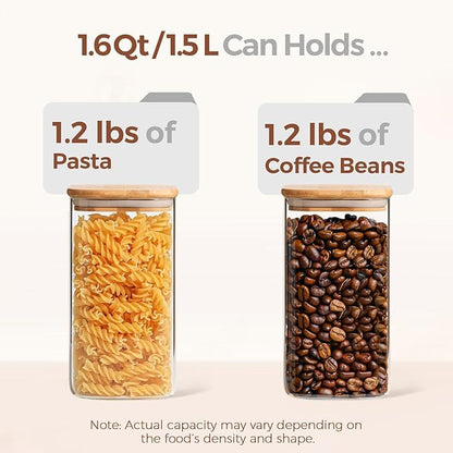 ComSaf Airtight Glass Storage Canister with Wood Lid (1.6 Qt), Clear Food Storage Container Jar with Sealing Lids for Oat Pasta Flour Cereal Rice Sugar Tea Coffee Beans, Set of 3 Square Cookie Jar