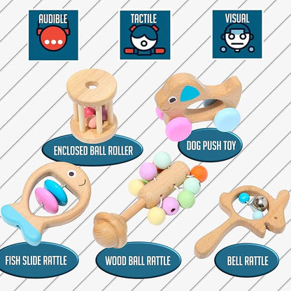 Montessori Mama Wooden Toys for Babies 5-Piece Collection - Multi-Sensory Learning Rattle for Babies - Infant Wooden Toy Set Baby Weights Toys - Teether