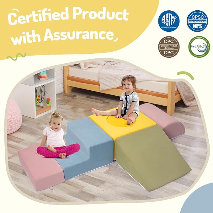 6-Piece Foam Climbing Blocks, Kids Climb and Crawl Soft Play Set, Machine Washable Cover, Baby Indoor Activity Play Structure, Climbing Toys for Toddlers 1-3 (Multi-Color, no Ball Pit)