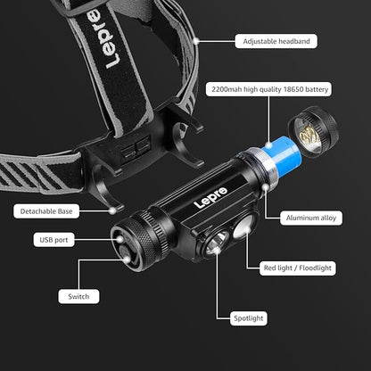 Lepro 1000 Lumen Headlamp Rechargeable - Powerful Detachable Head Lamp with 2200 mAh Battery, Super Bright 500FT Flashlight Beam, IP65 Waterproof LED Headlight for Camping Hiking Hunting Fishing Gear