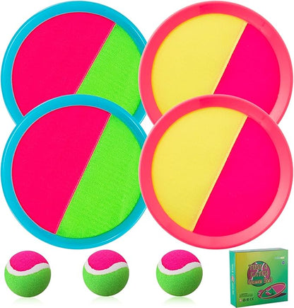 Beach Games, Outdoor Toys for Kids Ages 4-8, Toss and Catch Ball Set, with 4 Paddles 3 Balls, and 1 Storage Bag, Beach Toys Easter Gifts for Kids -2 Pink + 2 Blue
