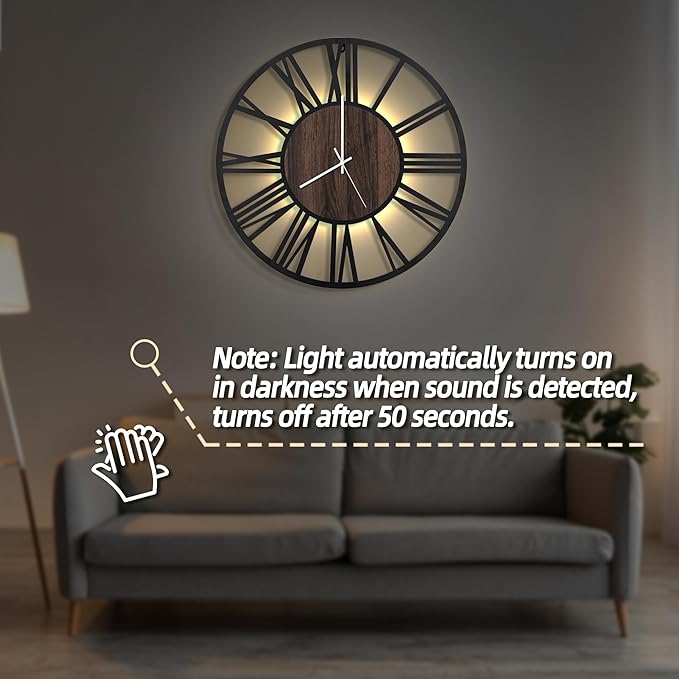 LEIKE Large Wall Clocks with Night Light Battery Operated, Silent Non Ticking