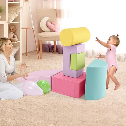 HONEY JOY 6-Piece Climb and Crawl Playset, Soft Climbing Foam Block Activity Play Structure Gym Equipment for Infant Baby, Color Coordination, Waterproof Indoor Climbing Toys for Toddlers (Red)