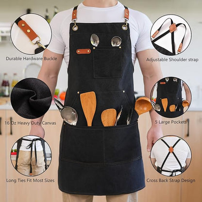 Aoomzoon Canvas Aprons for Men Chef Apron, Work Apron - 16oz Heavy Duty Cross