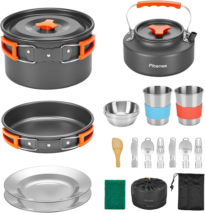 22Pcs Camping Cookware Mess Kit for 2, Lightweight Camping Kitchen Pots and Pans Set, Portable Camping Essentials for Backpacking, Camping Cooking Hiking and Picnic