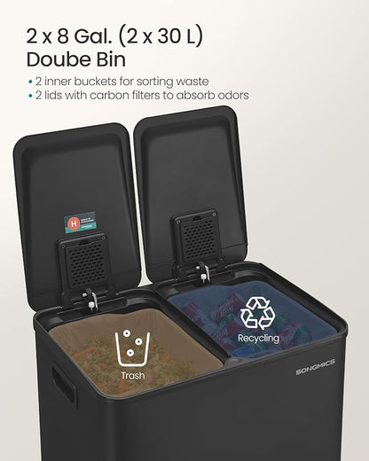 SONGMICS Trash Can, 2 x 8 Gallon Dual-Compartment Garbage Can