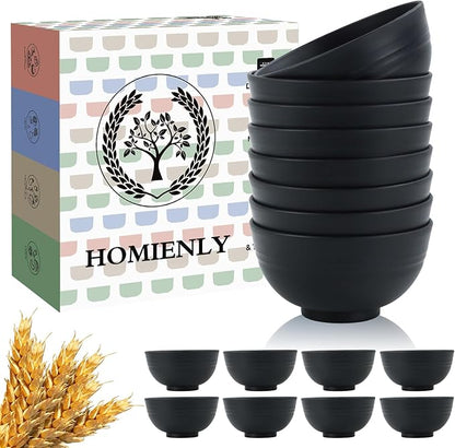 Homienly Wheat Straw Small Bowl Set of 8, Unbreakable Dessert Bowl - 10 OZ, Wheat Straw Mini Bowls for Kitchen, Kids, Microwave and Dishwasher Safe Bowls for Snack, Appetizer, Ice Cream (Black)