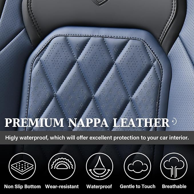 Coverado Car Seat Covers Full Set, Luxury Faux Leather Waterproof Seat Cover, Black and Blue Car Seat Covers, Car Seat Protector, Automotive Seat Covers Universal Fit for Most Cars, Black&Blue