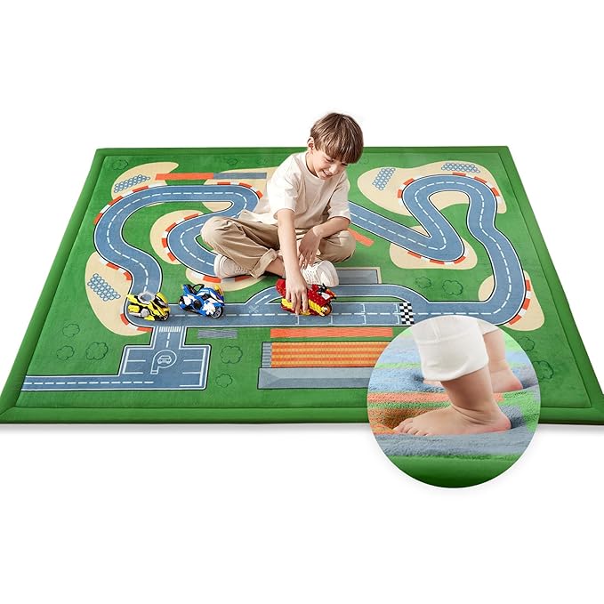 1.3" Thick Educational Baby Floor Play Mat 79x158, Basic Padded Memory Foam Kids Mat, Extra Large Non-Slip Plush Playmat for Nursery Playroom Classroom (Race Track)