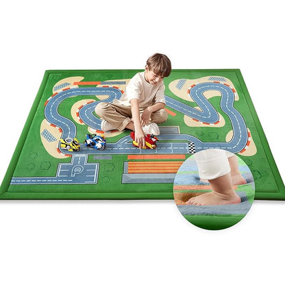 1.3" Thick Educational Baby Floor Play Mat 79x158, Basic Padded Memory Foam Kids Mat, Extra Large Non-Slip Plush Playmat for Nursery Playroom Classroom (Race Track)