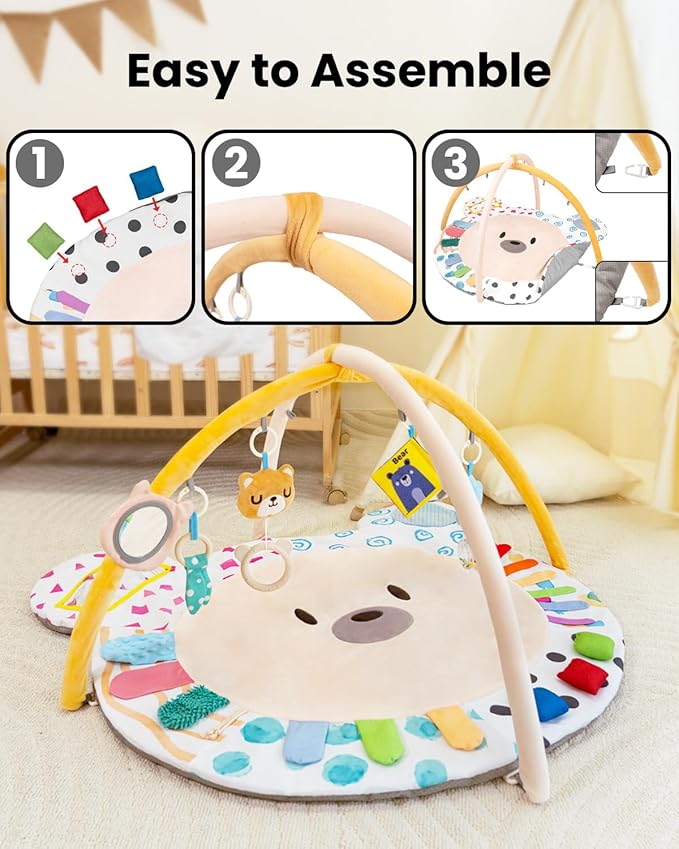 Baby Play Gym, Thickened and Non Slip Activity Mat, 5 Developmental Zones Tummy Time Mat with 5 Detachable Sensory Toys for Motor Skills, Baby Essentials Shower Gift Box(Bear)