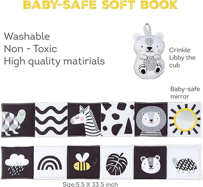 Taf Toys Newborn Soft Activity Book Black & White High Contrast Baby Book Infant Sensory Toys Tummy Time Soft Cloth Books for Babies Textured Fabric Crinkling Shapes Patterns 0-12 Months Newborn Toys