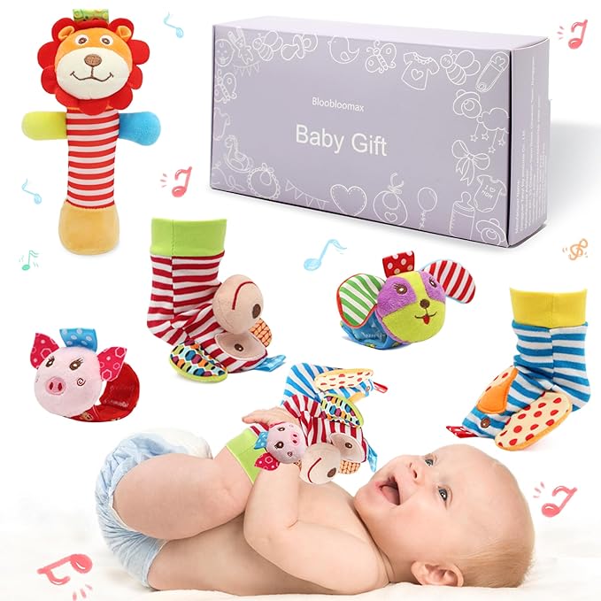 BLOOBLOOMAX Wrist Rattles Foot Finder Rattle Toy for 0-4 Months Baby, Feet Leg Ankle Socks Arm Hand Bracelet Shaker for 4-8 Months Infant boy & Girl, Gift Set for 0-1 Years Newborn Babies (5 pcs-B)