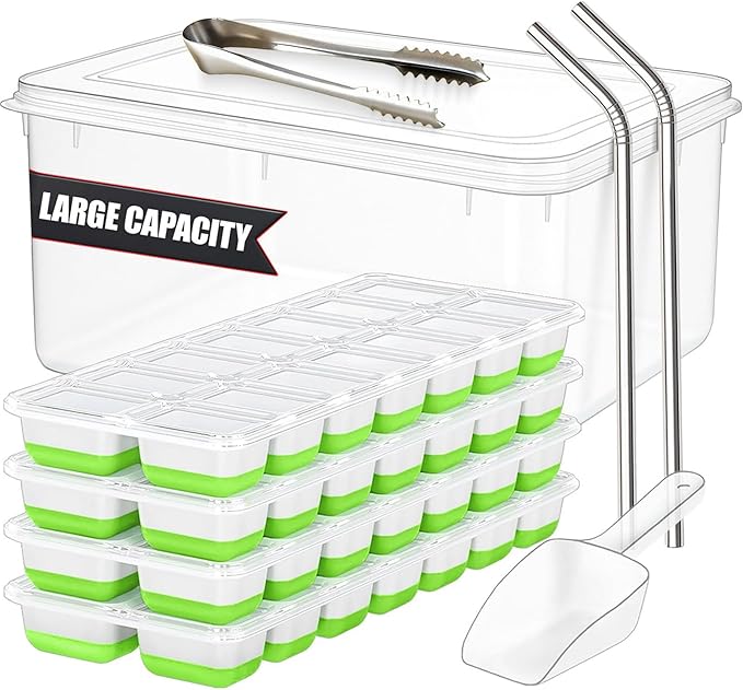 56pcs Ice Cube Tray with Lid and Bin – Stackable 4 Trays Plastic Silicone