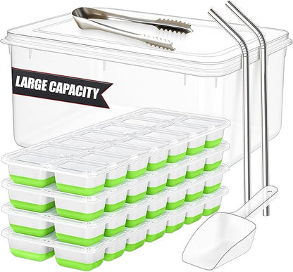 56pcs Ice Cube Tray with Lid and Bin – Stackable 4 Trays Plastic Silicone