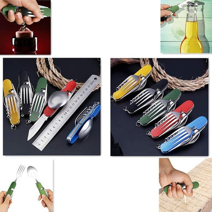 6-in-1 Multi-Function Camping Utensil Flatware Set Detachable Spoon Fork Knife Combo Mess Kit with Carrying Pouch (Blue + Red)