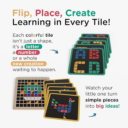Tomaze Montessori Mosaic Tinker Tangram Set - Large Pixel Pattern Play Blocks, Wooden Grid Board, Educational STEM Puzzle for Learning Letters, Shapes - Safe & Easy To Grasp - Toy Gift for Kids Age 4+