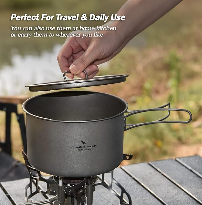 iBasingo 1.2L Titanium Soup Pot with Lid Camping Cookware with Foldable Handle Portable Lightweight Outdoor Kitchen Cooking Kit Backpacking Hiking Picnic Fishing Mountaineering Ti2106C (1 pc)