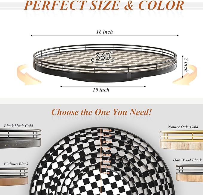 16" Black and White Kitchen Lazy Susan Turntable, Round Checkered Decorative