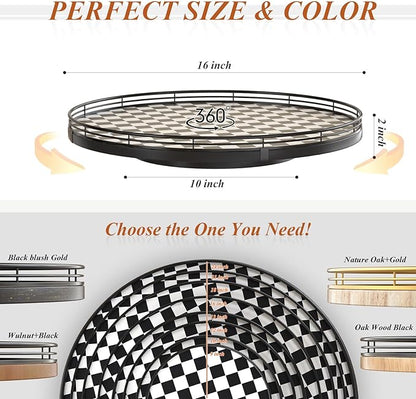 16" Black and White Kitchen Lazy Susan Turntable, Round Checkered Decorative