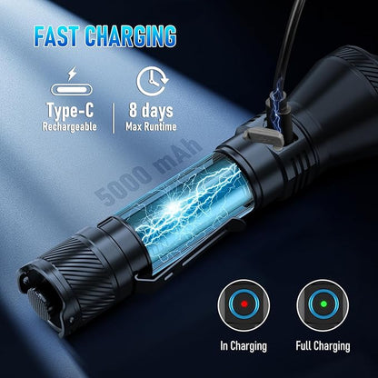 ULTRAFIRE Police Tactical Flashlight with Holster for Duty Belt, 1800 Lumen LED Rechargeable Flashlight for Law Enforcement, 1804 FT Long Range, 3 Filter Lenses, 4 Modes with Dual Switches