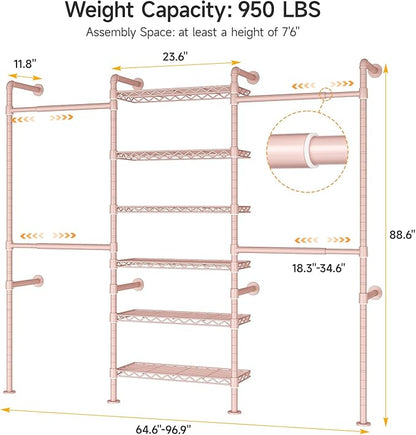 ONBRILL H3 Wall Mounted Closet System, Expandable Industrial Pipe Clothes Rack