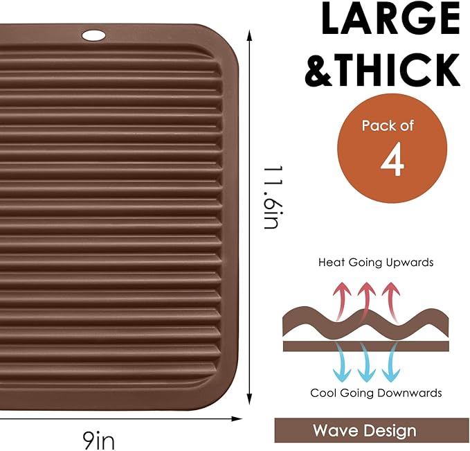 4 Pack Silicone Trivets for Hot Dishes Large 446°F Heat Resistant Pot Holder Hot Pads for Kitchen 9'' x 12' Brown Silicone Trivet Mat for Hot Pots and Pans, Jar Opener, Drying Mat