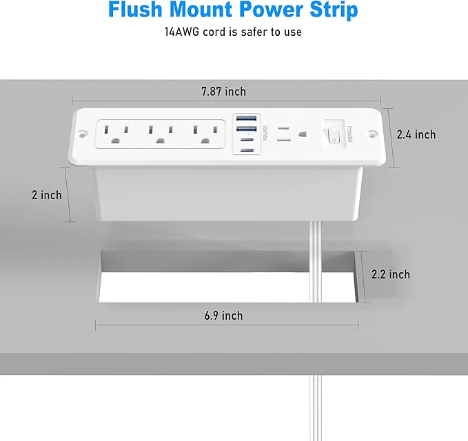 65W USB C Recessed Power Strip, Flush Mount Desktop Recessed Outlet