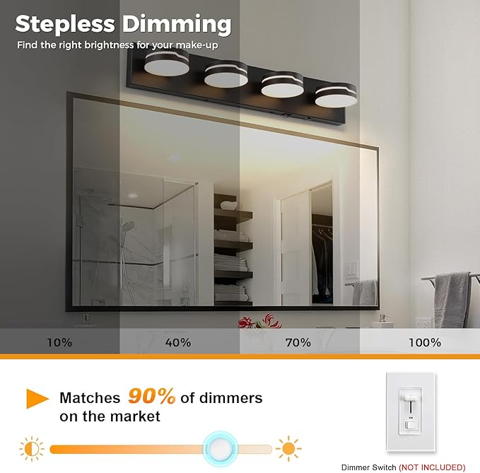 26In Motion Sensor Vanity Light, Matte Black 3CCT 4-Light Modern LED Bathroom