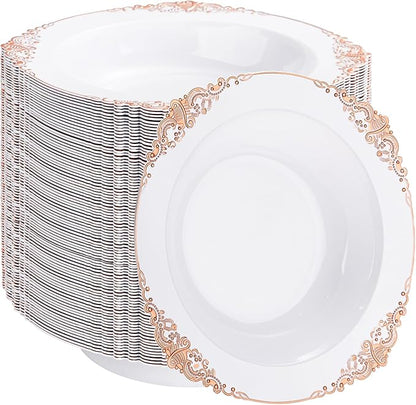 100PCS Rose Gold Plastic Bowls - 12 oz Disposable Salad Bowls - Heavy Duty Disposable Soup Bowl - Fancy Plastic Ice Cream Bowl for Weddings Parties Catering Picnics