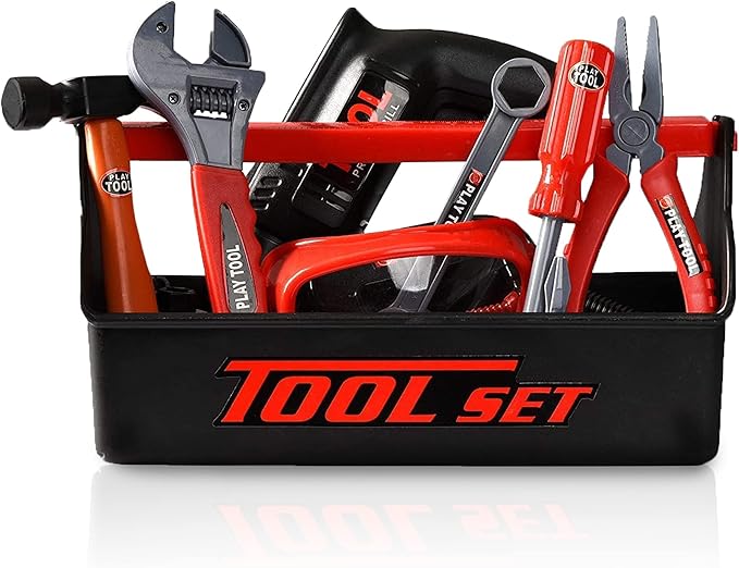 Playkidz Tool Box for Kids 22-Piece Boys & Girls Construction Toy Playset w/Carry Chest, Working Push Button Power Drill, Hammer, Screwdriver, Wrench, Pliers, Saw & Other Realistic Tools Ages 3+