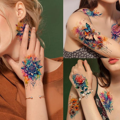 52 Watercolor Temporary Tattoos for Women Adults - Realistic 3D Floral Butterfly Phoenix Mandala Fake Tattoos Set, Waterproof Long Lasting Body Sticker for Parties Weddings (12 Large Tattoos Included)