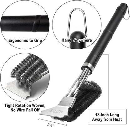 GRILLART Grill Brush and Scraper BBQ Brush for Grill, Safe 18" Stainless Steel Woven Wire 3 in 1 Bristles Grill Cleaning Brush, BR-4516