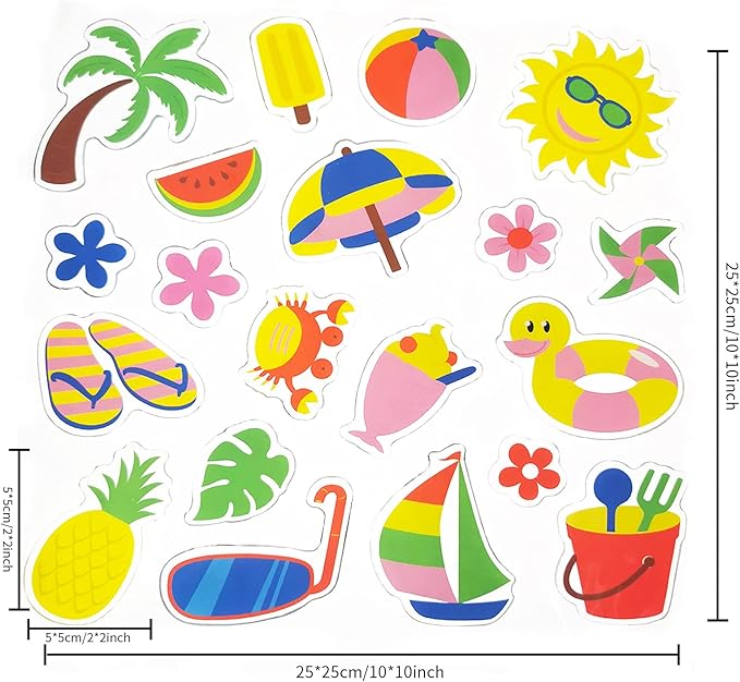 20 PCS Summer Thick Gel Clings Hawaiian Tropic Window Gel Clings Decals Stickers for Kids, Toddlers and Adults Home Airplane Classroom Nursery Beach Party Supplies Decoration Removable and Reusable