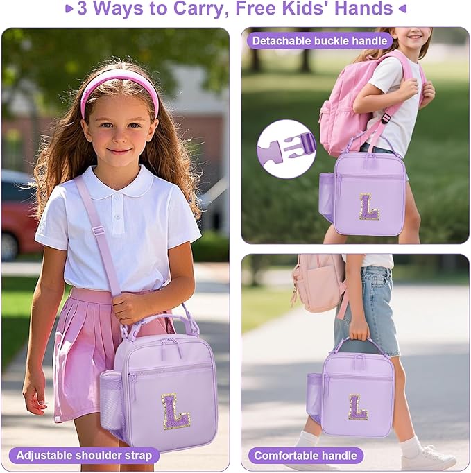 Initial Insulated Lunch Bag for Girls Kids, Back to School Gift, Reusable Leak-proof Lunch Box with Adjustable Strap for School Daycare Travel Picnic (Purple,L)