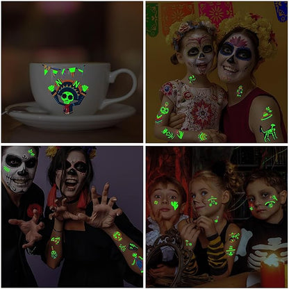 Temporary Tattoos for Day of the Dead, 36 Sheets Glow in the Dark Fake Tattoos for Adults and Kids, 180 Patterns for Halloween Make Up Party, Skull Skeleton Cat Ghost Guitar Sticker