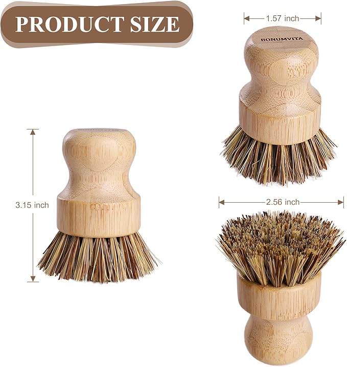 Bamboo Dish Brush Set, 4 Pack Kitchen Palm Pot Brush