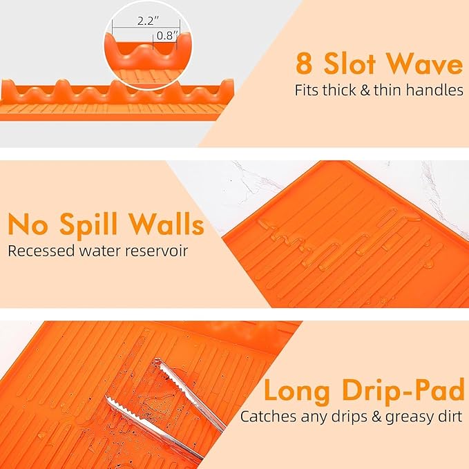 Griddle Mat Compatible with Blackstone, Silicone Grill Tools with Drip Pad, Spatula Mat for Outdoor Grill, Side Shelf Pad (Orange-2Pcs)