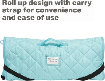 EVERYDAY KIDS Cute Preschooler and Toddler Cot Nap Mat for Home, Daycare, Preschool and Kindergarten; Easy to Roll Sleeping Mat with Elastic Straps, Pillow and Blanket