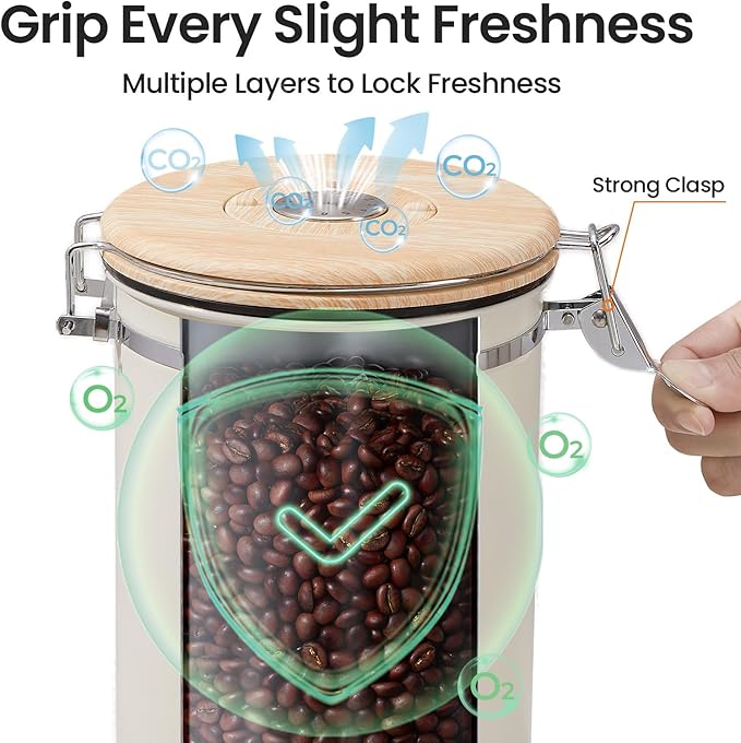 Veken Coffee Canister, 39OZ Large, Airtight Stainless Steel Food Storage Container for 2.2lbs Coffee Beans, Ground, Sugar, Tea, Flour, Cereal, Kitchen Bar Accessories with Date Tracker & Scoop, Cream