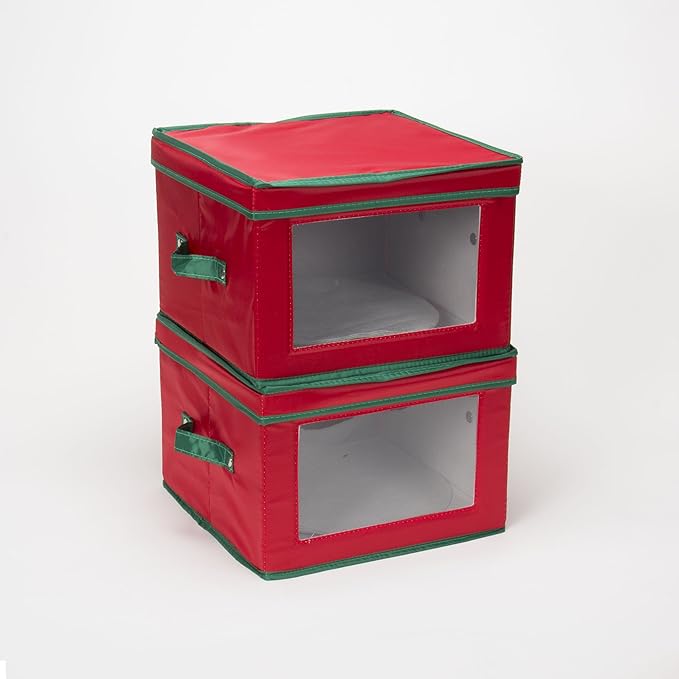 Household Essentials 536RED Holiday China Storage Chest with Lid and Handles | Dinner Plate | Red Canvas with Green Trim