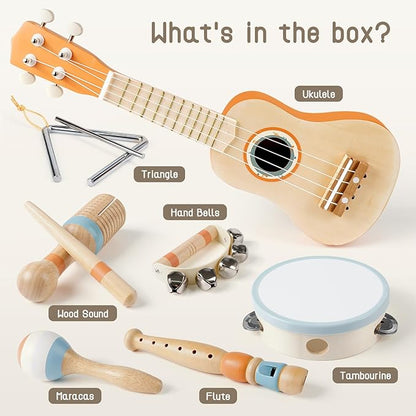 Kids Guitar Set - Toys for 2 3 Year Old Boy & Girls Birthday Gifts, 7 in 1 Montessori Musical Instruments for Toddlers 2-4, Musical Band Sets with Ukulele/Flute/Tambourine/Maracas Toys for Kids 3-5