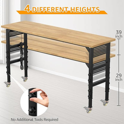 70" Adjustable Workbench,Heavy-Duty Work Table,3000 LBS Load Capacity Hardwood Workstation Outlets with Power Strips, Drawers and Wheels,for Workshop, Garage